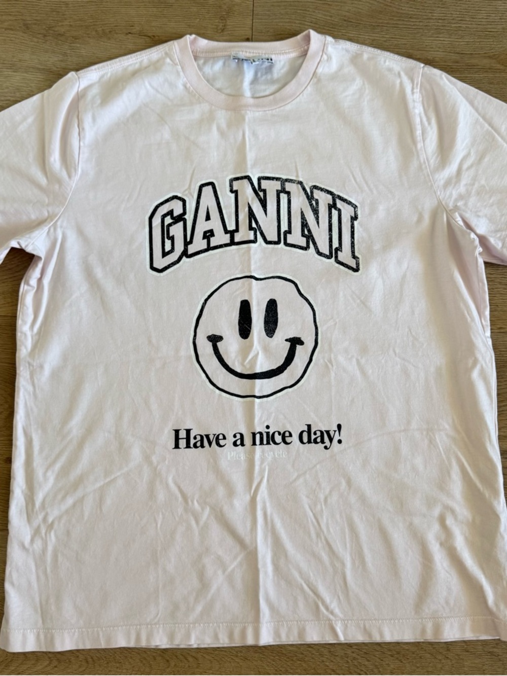 Ganni Have a Nice Day Smiley Short Sleeve Tee Shirt Pink Small Cotton